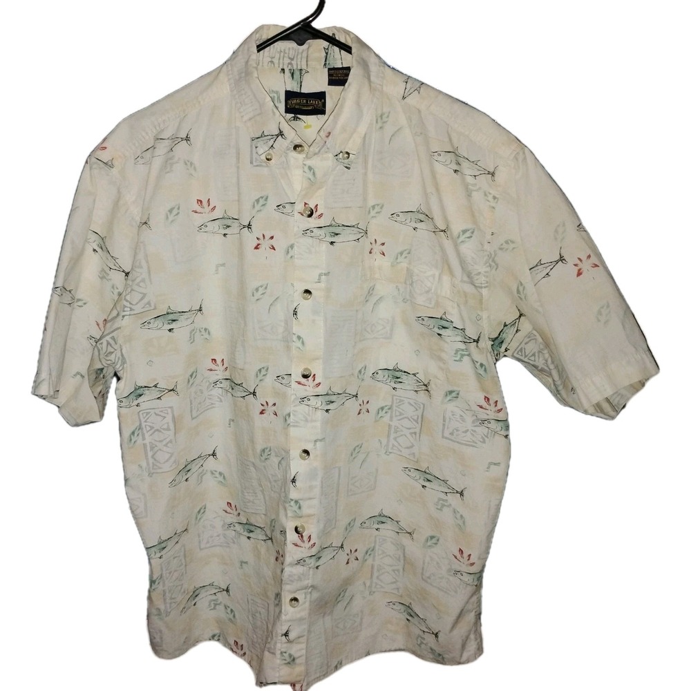 Shaver Lk Outfitters Mens L Shirt Ivory Button Dwn Fish Cotton Rare E Sierra EUC